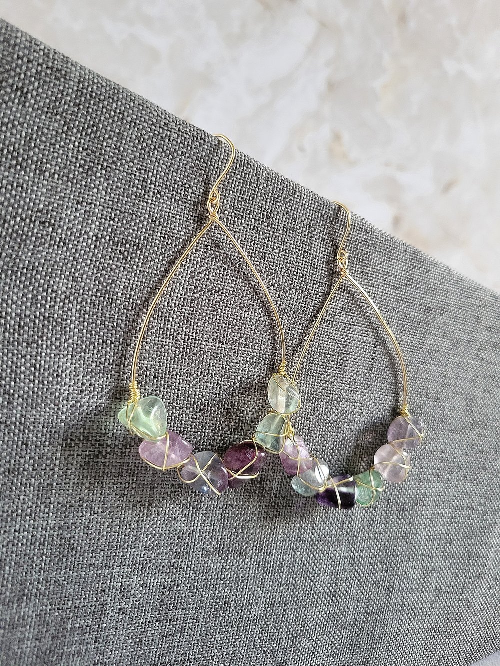 Image of Gold Wire-Wrapped Fluorite Nugget Teardrop Earrings