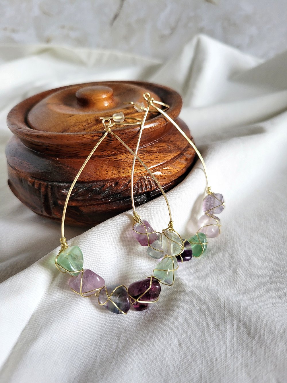 Image of Gold Wire-Wrapped Fluorite Nugget Teardrop Earrings