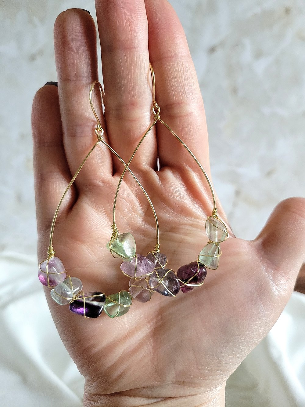 Image of Gold Wire-Wrapped Fluorite Nugget Teardrop Earrings