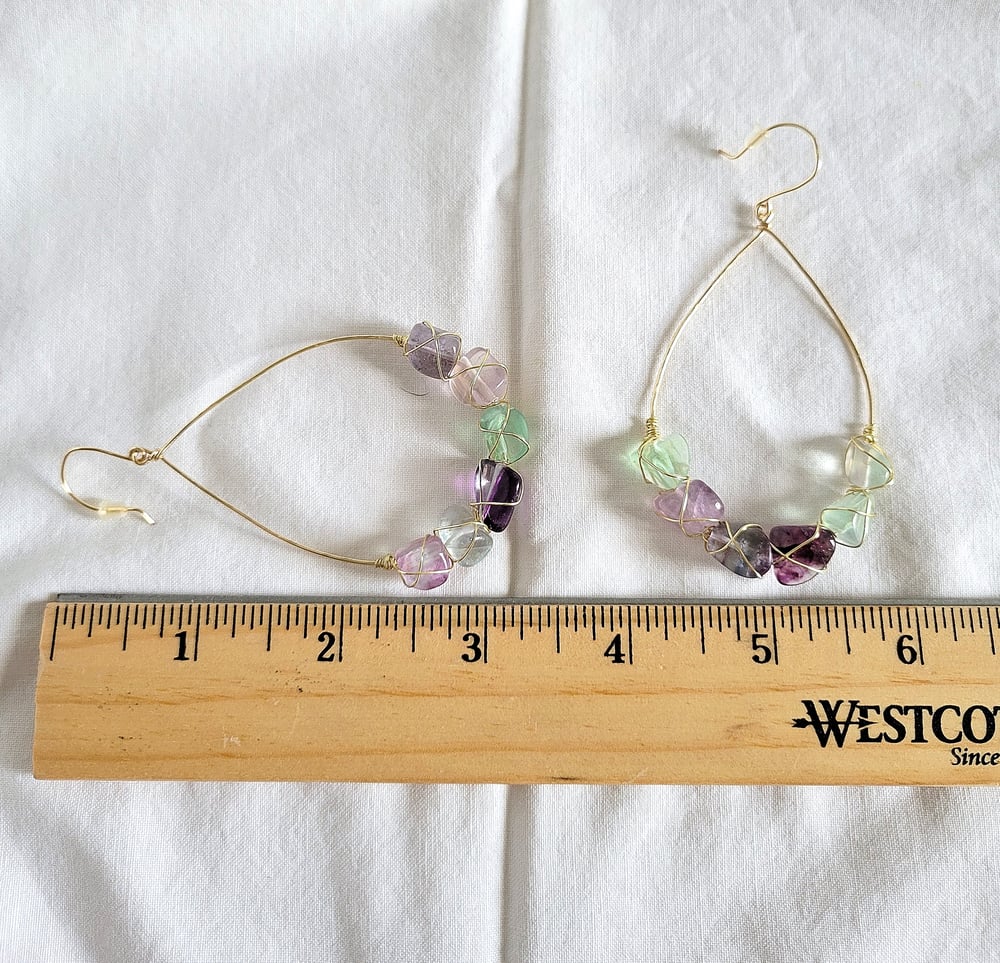 Image of Gold Wire-Wrapped Fluorite Nugget Teardrop Earrings