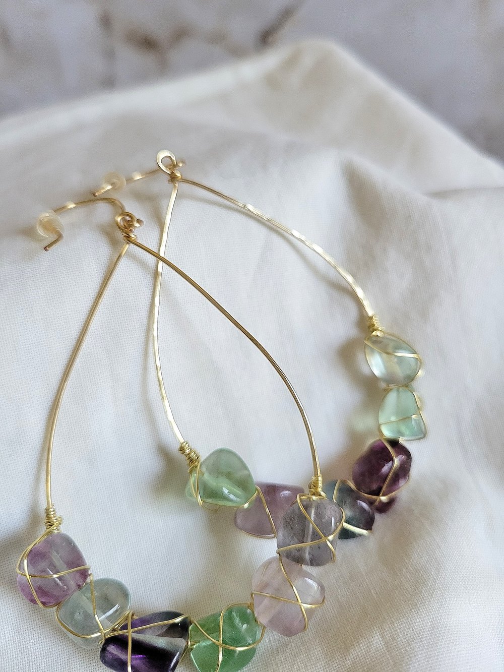 Image of Gold Wire-Wrapped Fluorite Nugget Teardrop Earrings
