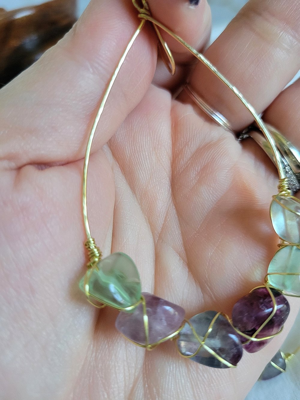Image of Gold Wire-Wrapped Fluorite Nugget Teardrop Earrings