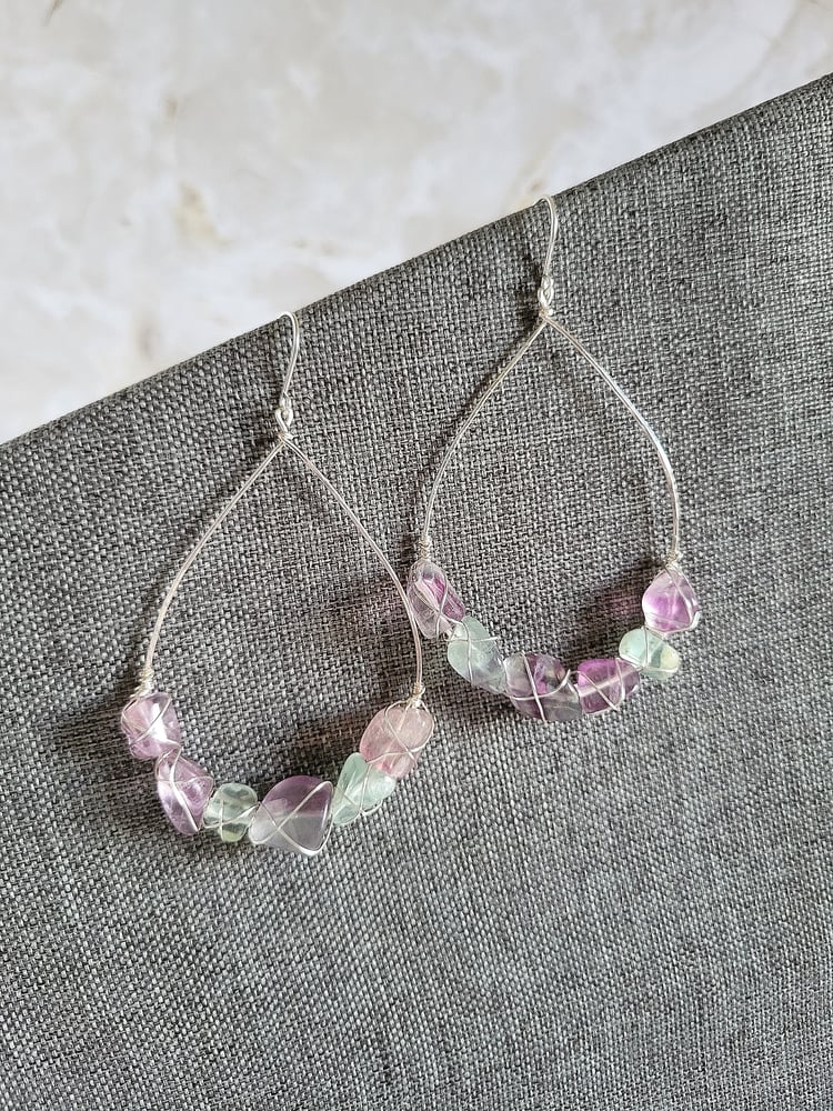 Image of Silver Wire-Wrapped Fluorite Nugget Teardrop Earrings