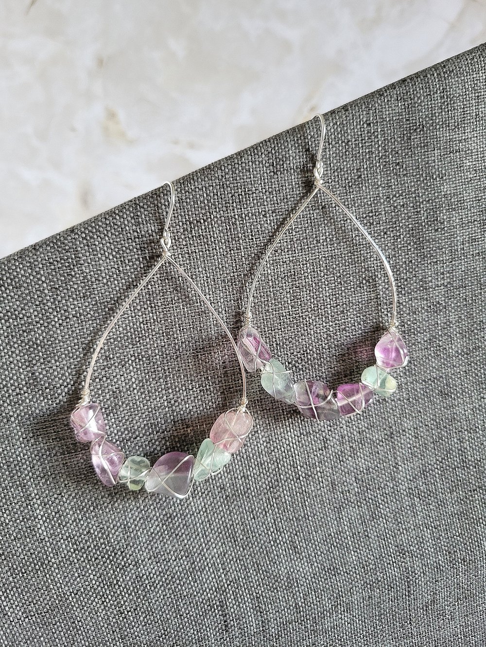 Image of Silver Wire-Wrapped Fluorite Nugget Teardrop Earrings