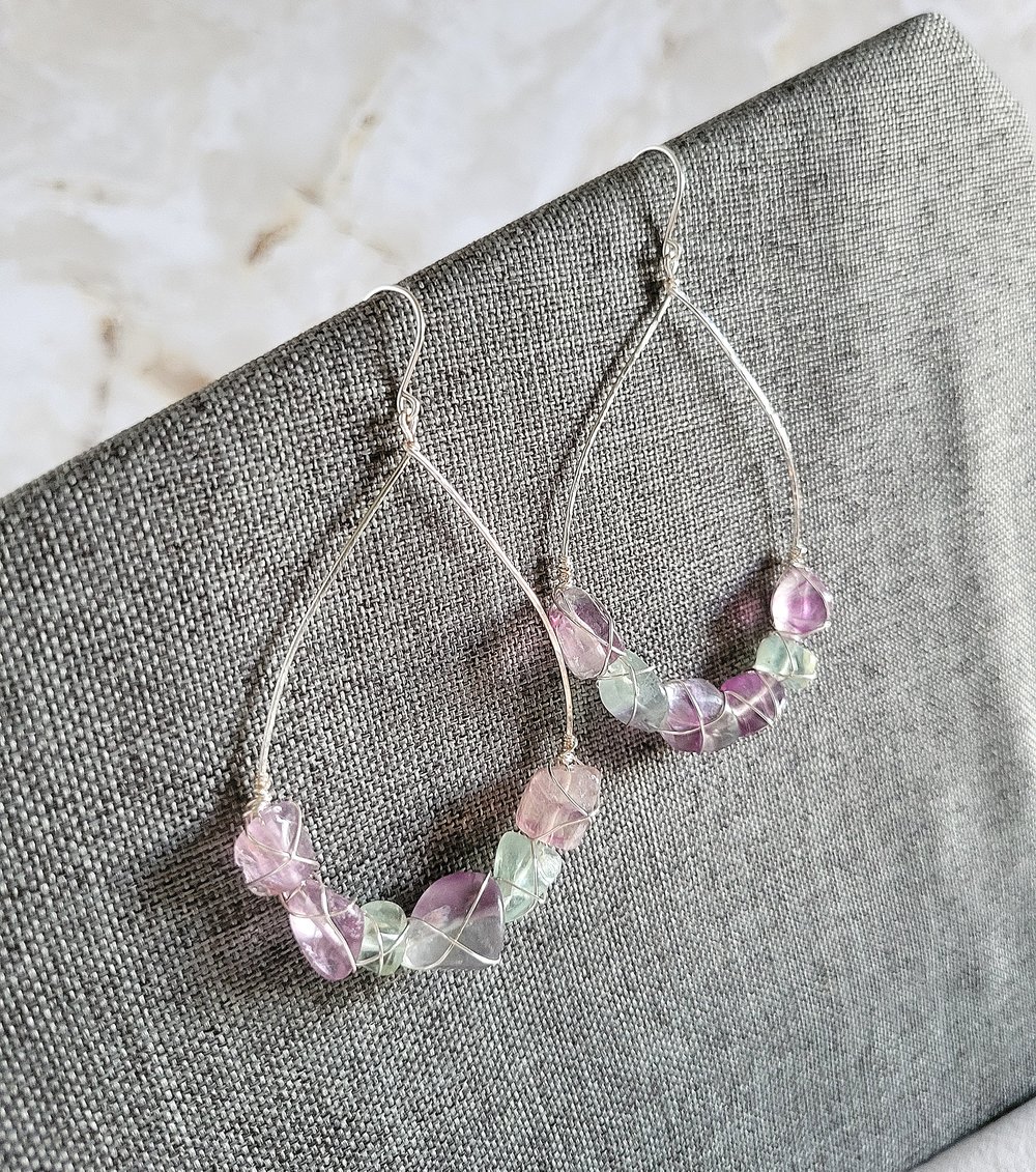 Image of Silver Wire-Wrapped Fluorite Nugget Teardrop Earrings