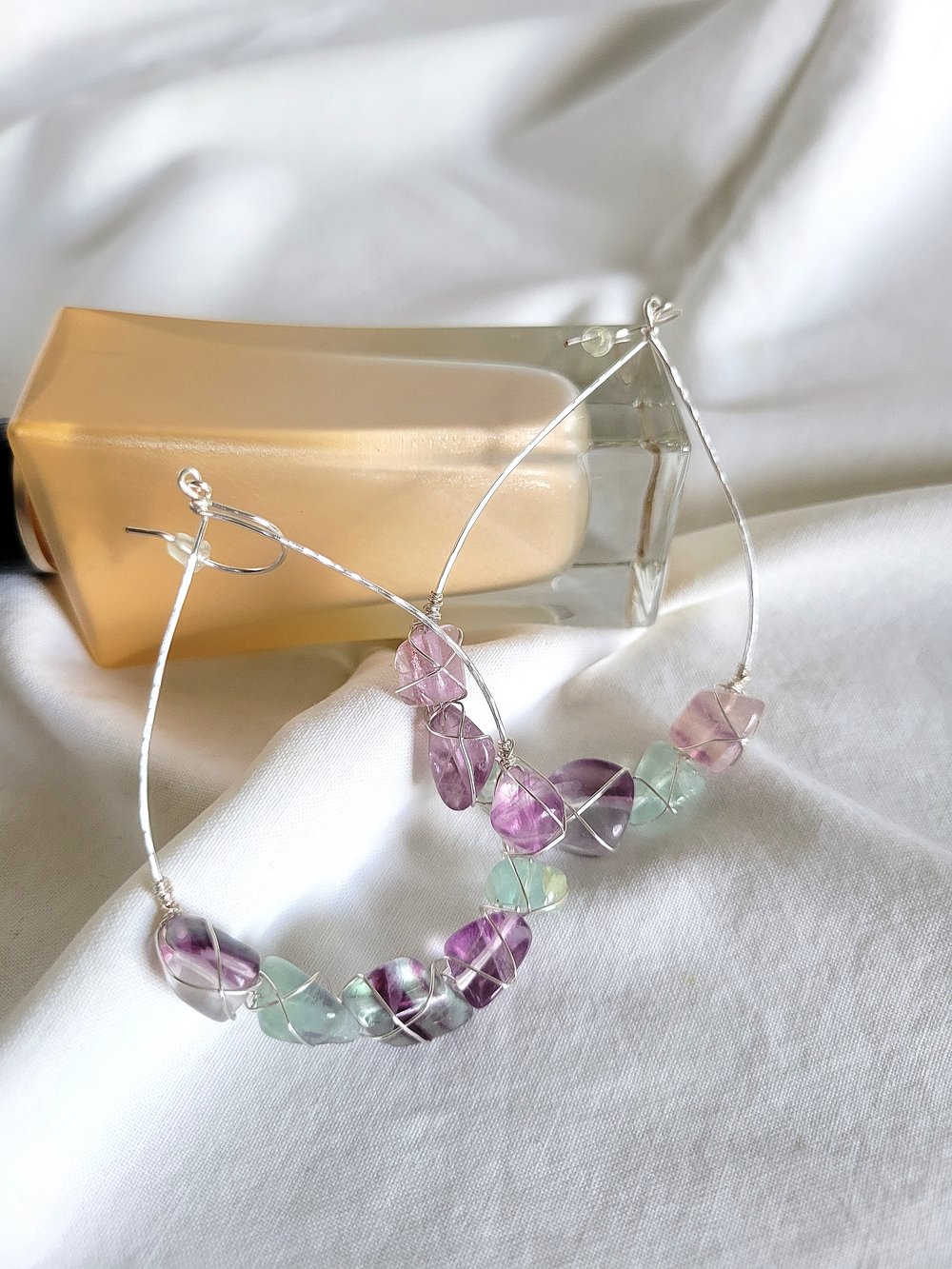 Image of Silver Wire-Wrapped Fluorite Nugget Teardrop Earrings