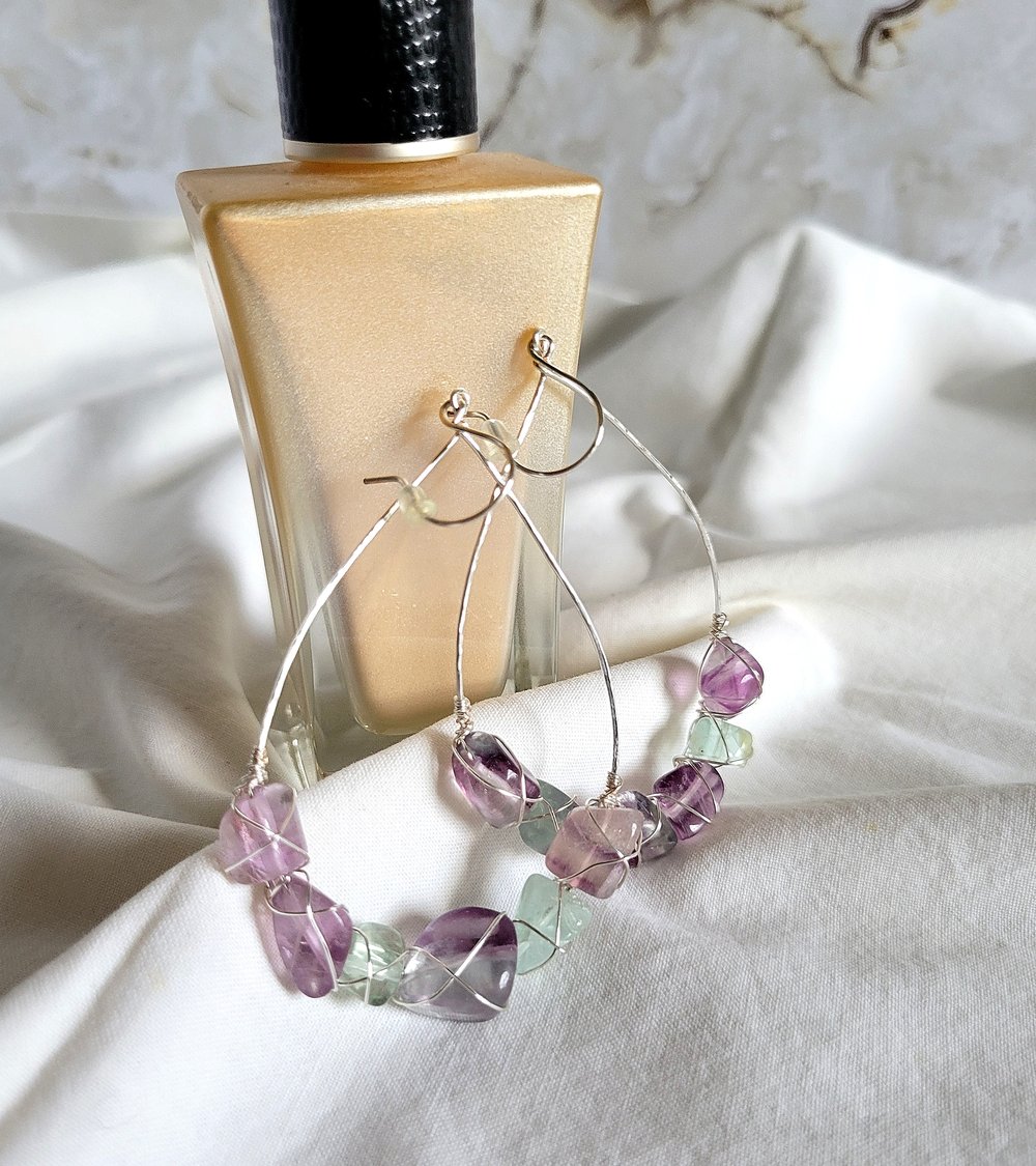 Image of Silver Wire-Wrapped Fluorite Nugget Teardrop Earrings