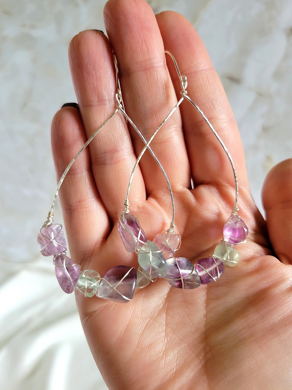 Image of Silver Wire-Wrapped Fluorite Nugget Teardrop Earrings