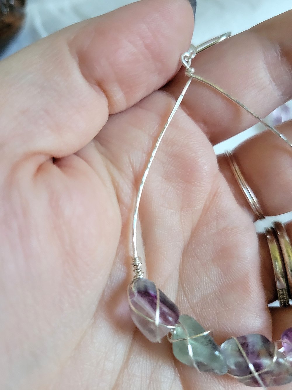 Image of Silver Wire-Wrapped Fluorite Nugget Teardrop Earrings