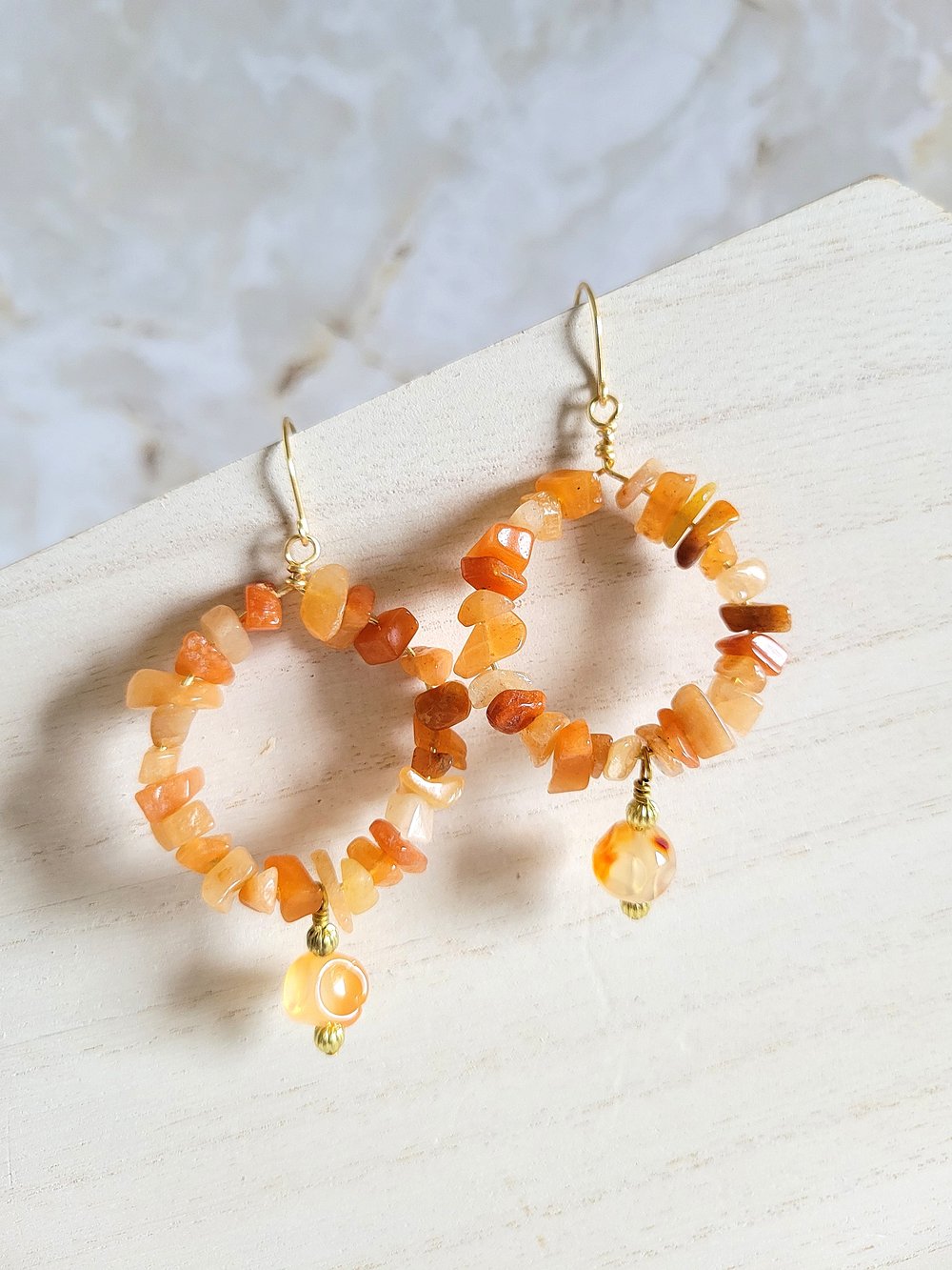 Image of Gold Carnelian Hoop Earrings with Dangle