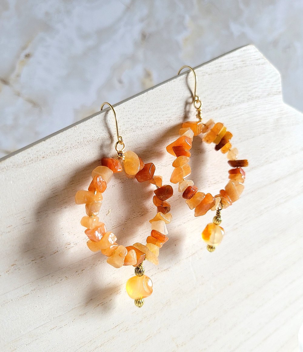 Image of Gold Carnelian Hoop Earrings with Dangle
