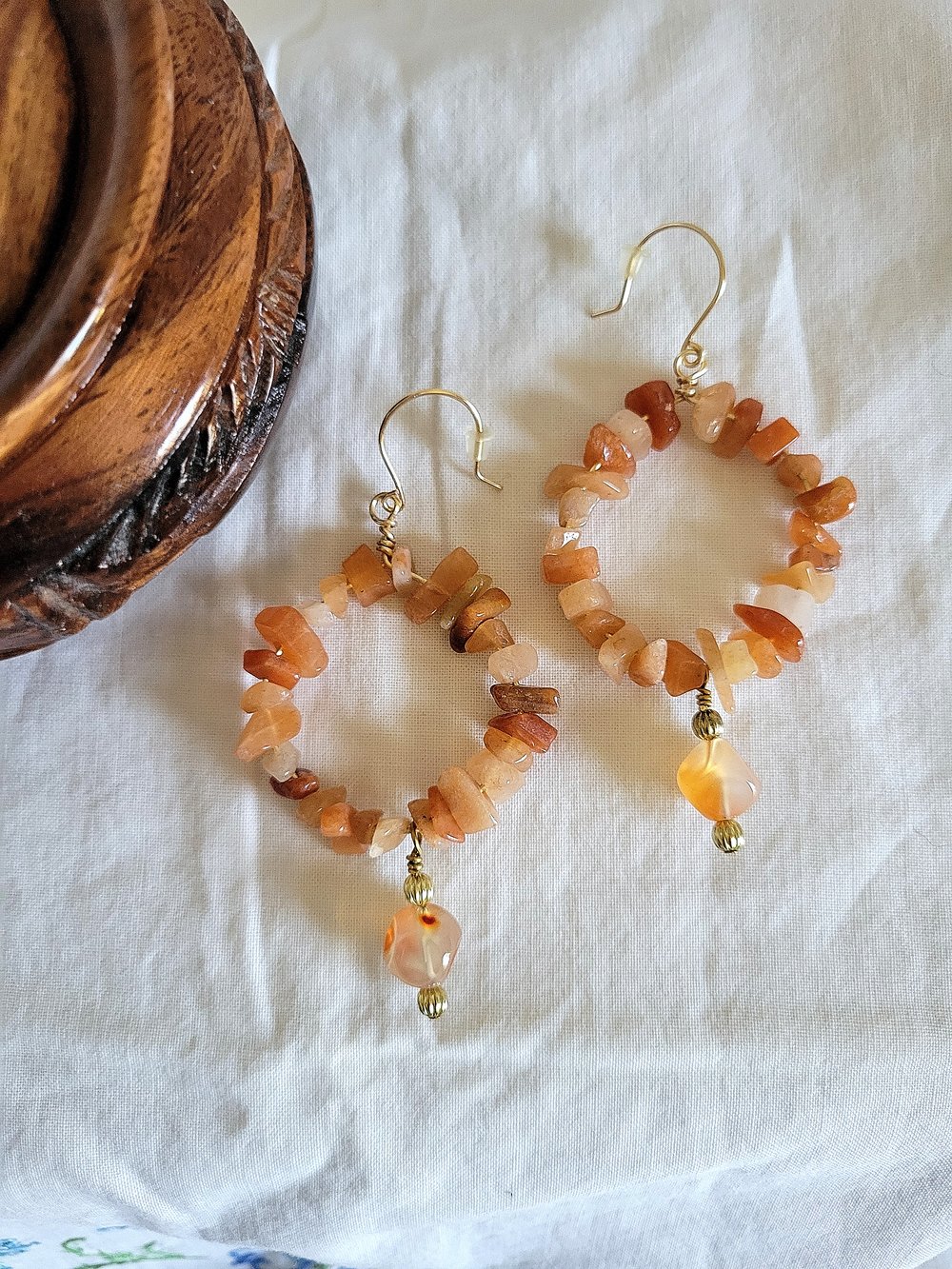 Image of Gold Carnelian Hoop Earrings with Dangle