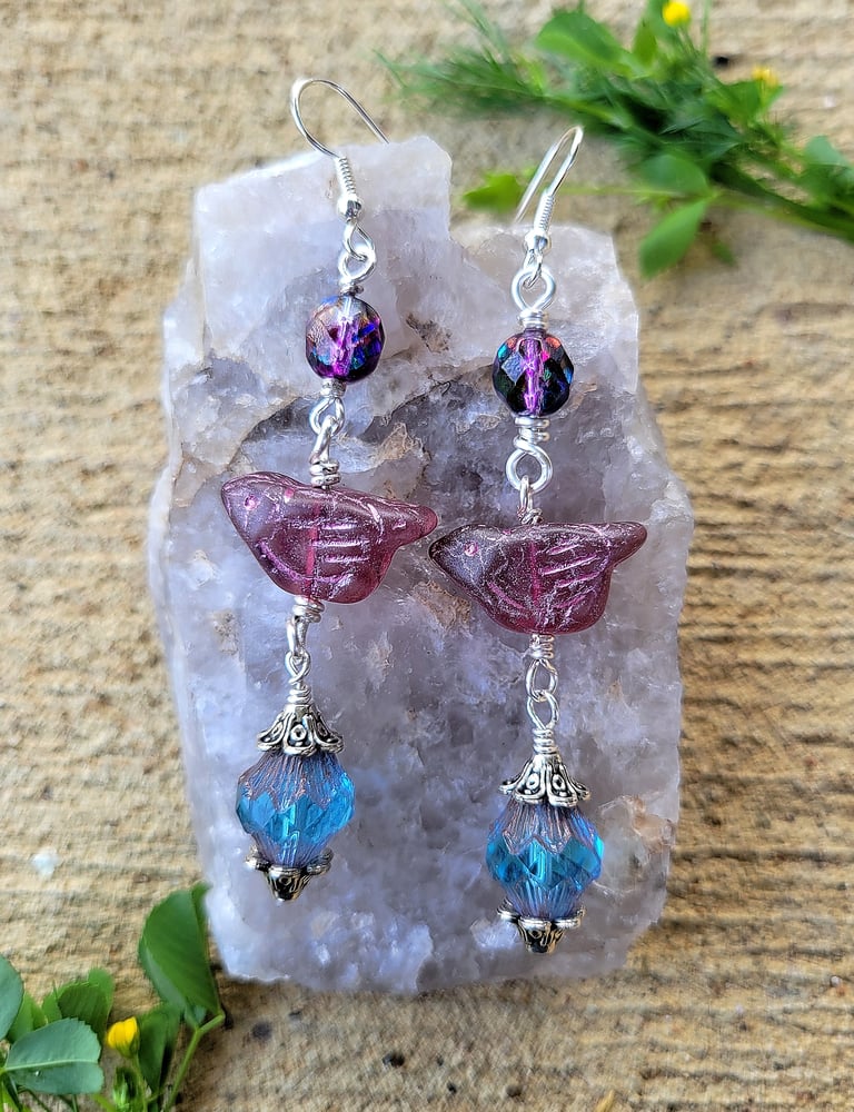 Image of Purple Artisan Bird Dangle Earrings