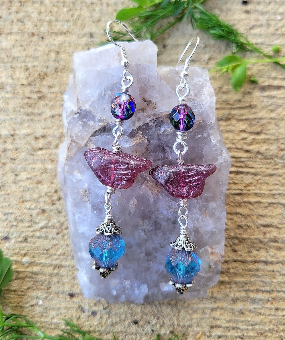 Image of Purple Artisan Bird Dangle Earrings