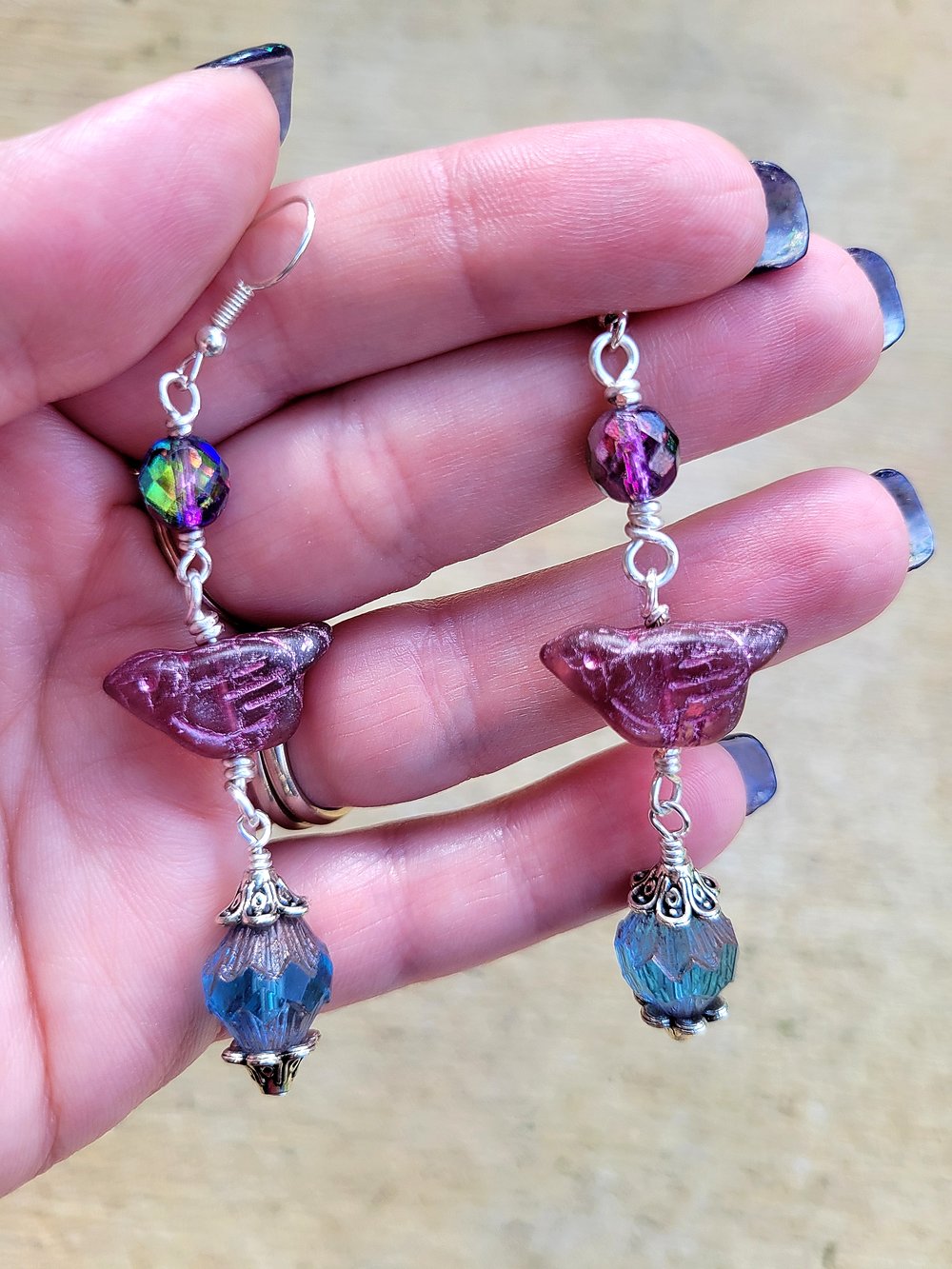Image of Purple Artisan Bird Dangle Earrings