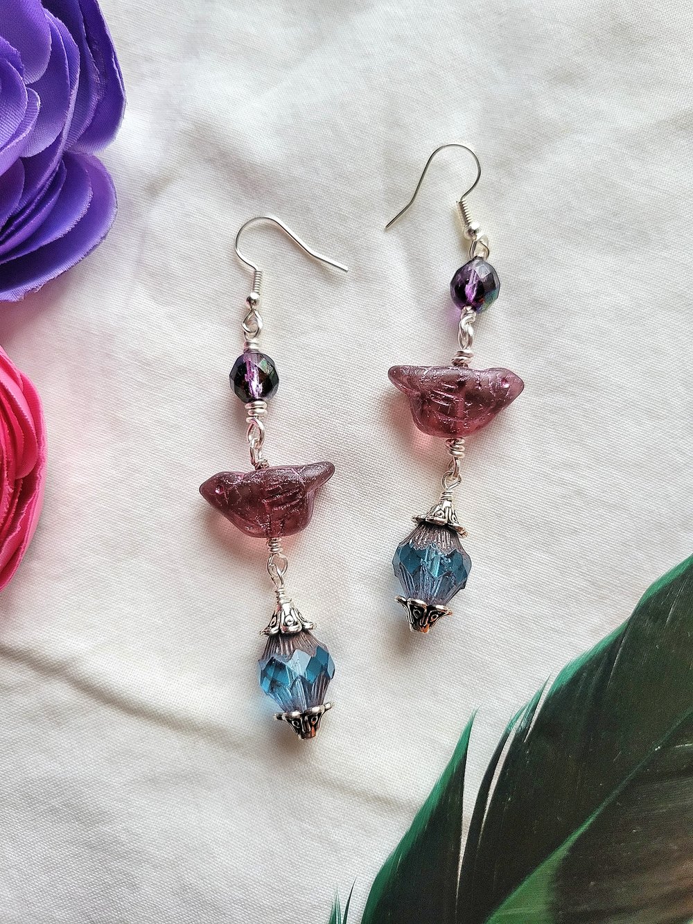 Image of Purple Artisan Bird Dangle Earrings