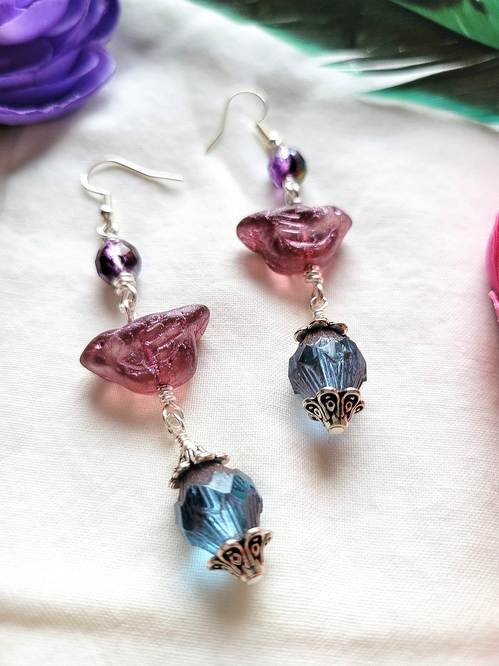 Image of Purple Artisan Bird Dangle Earrings