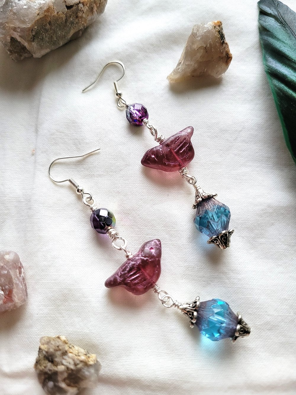 Image of Purple Artisan Bird Dangle Earrings