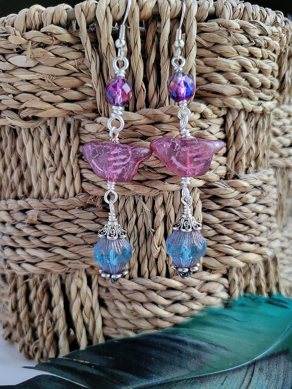 Image of Purple Artisan Bird Dangle Earrings