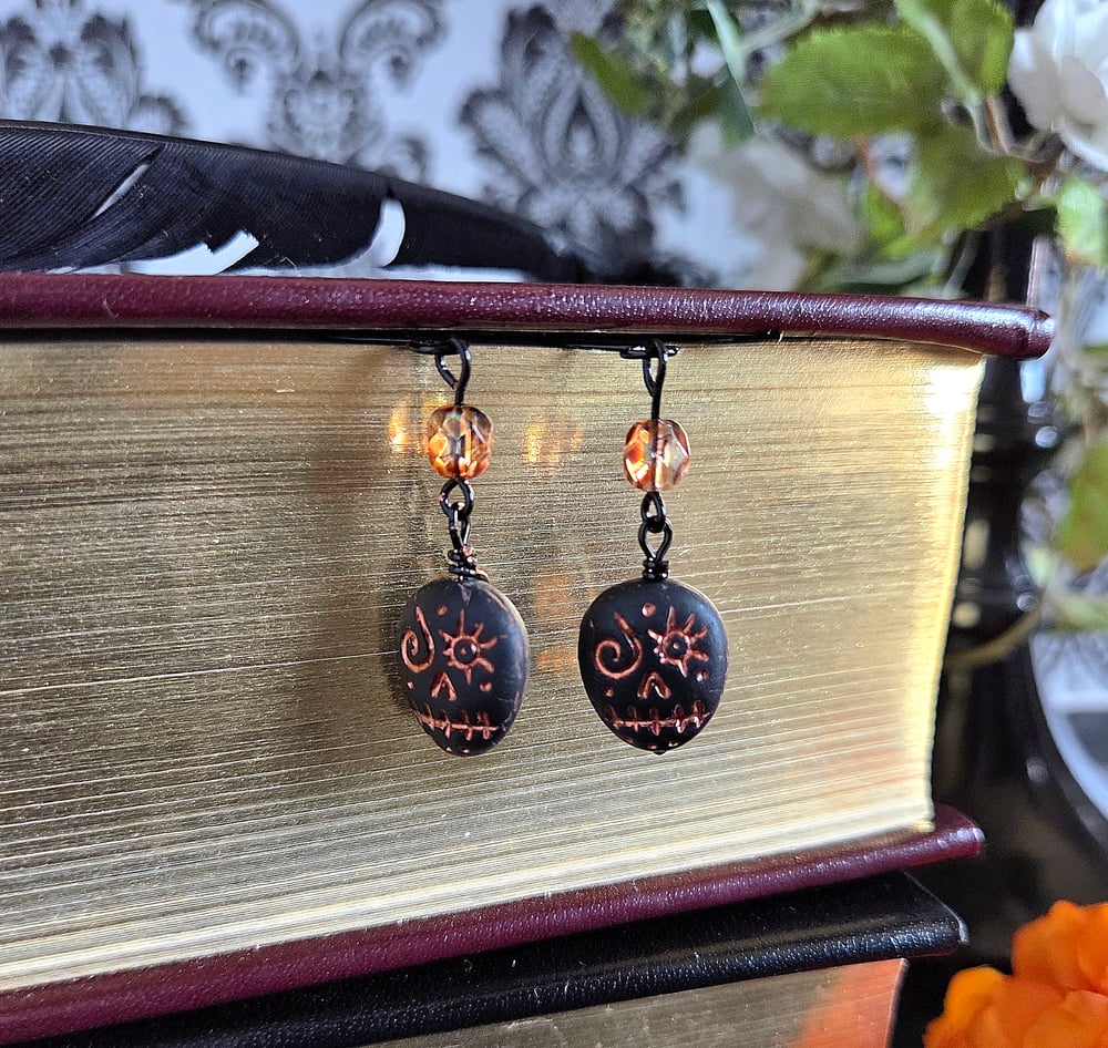 Image of Witchy Black Halloween Skull Earrings