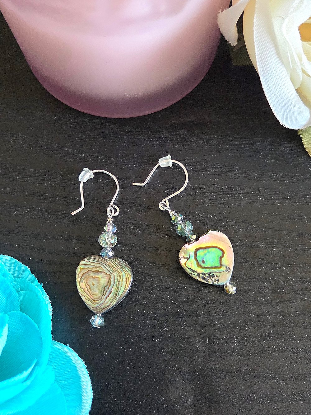 Image of Double-Sided Abalone Heart Drop Earrings