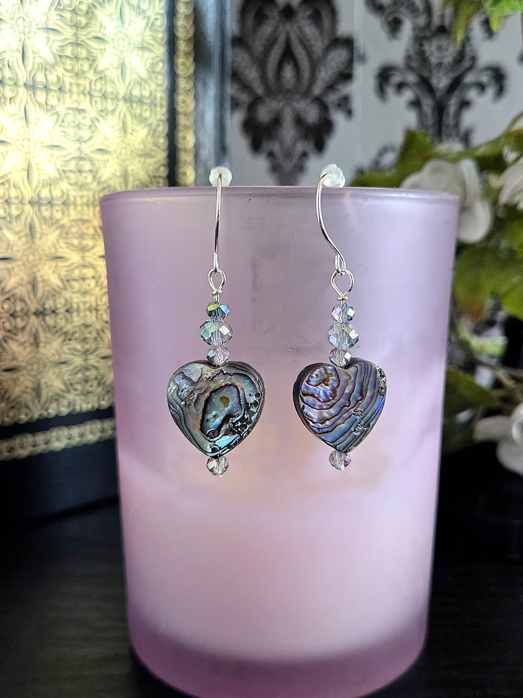 Image of Double-Sided Abalone Heart Drop Earrings