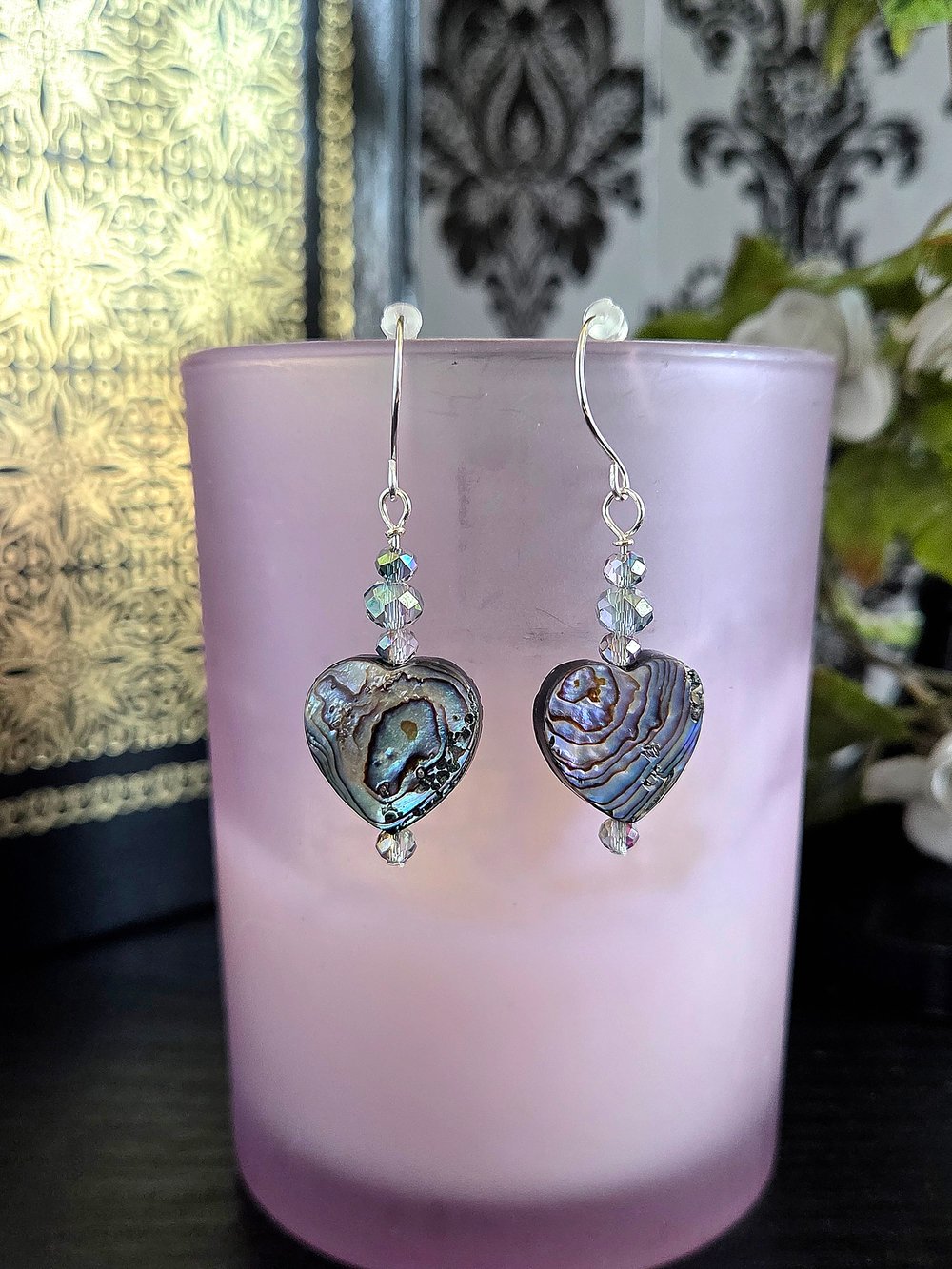 Image of Double-Sided Abalone Heart Drop Earrings
