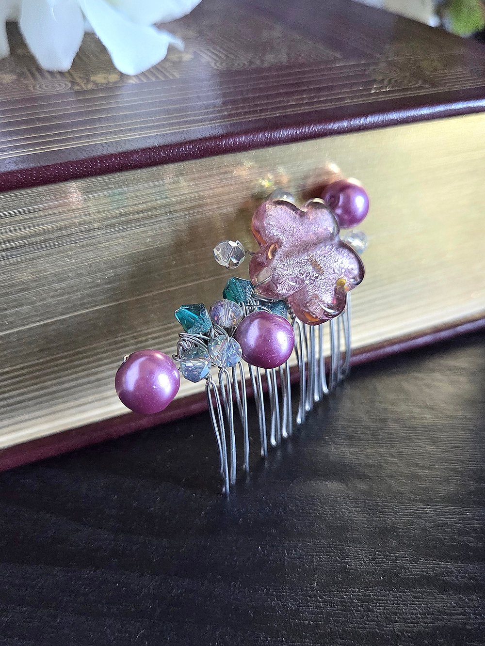 Image of Wire-Wrapped Purple Beaded Hair Comb