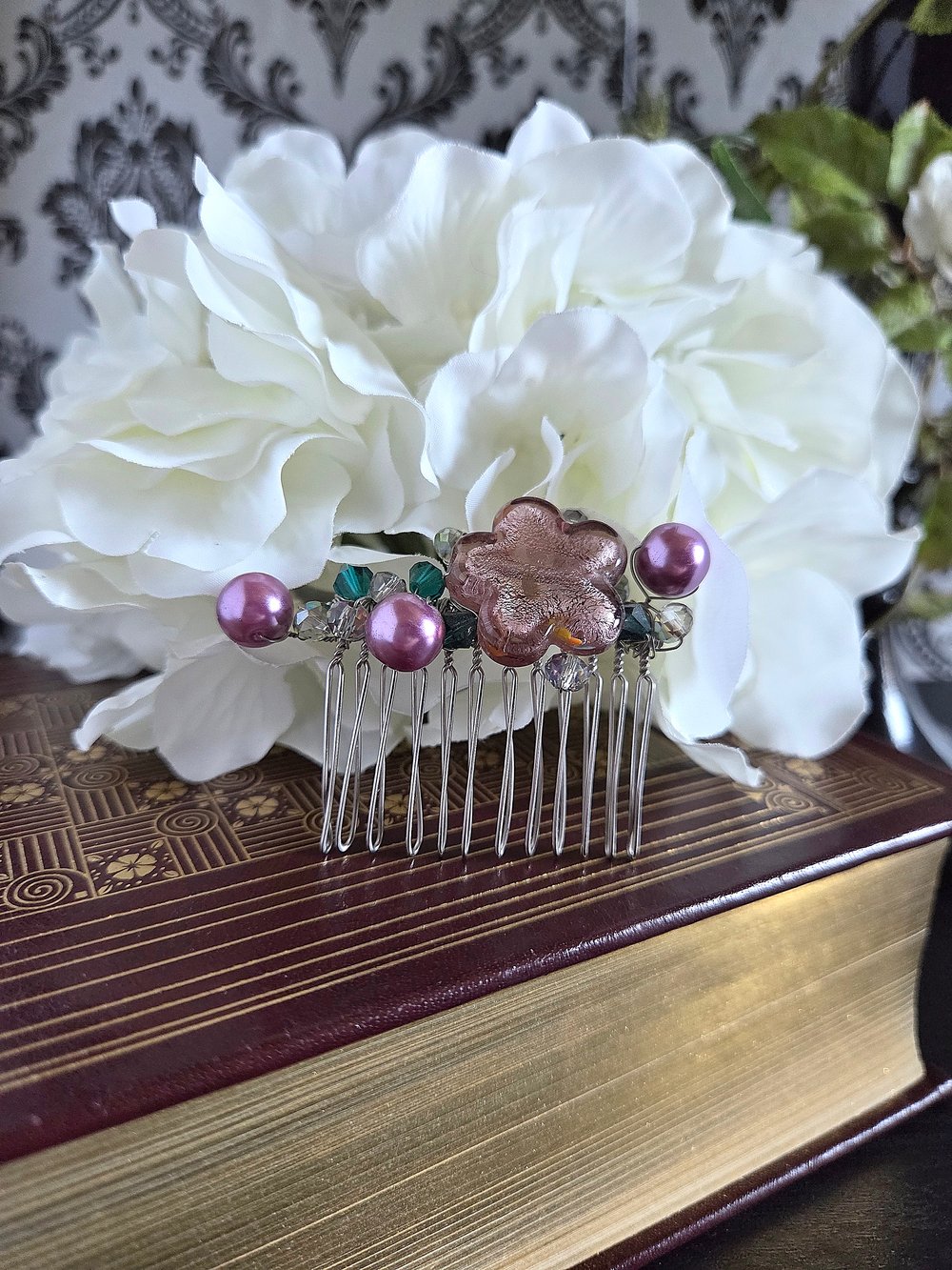 Image of Wire-Wrapped Purple Beaded Hair Comb