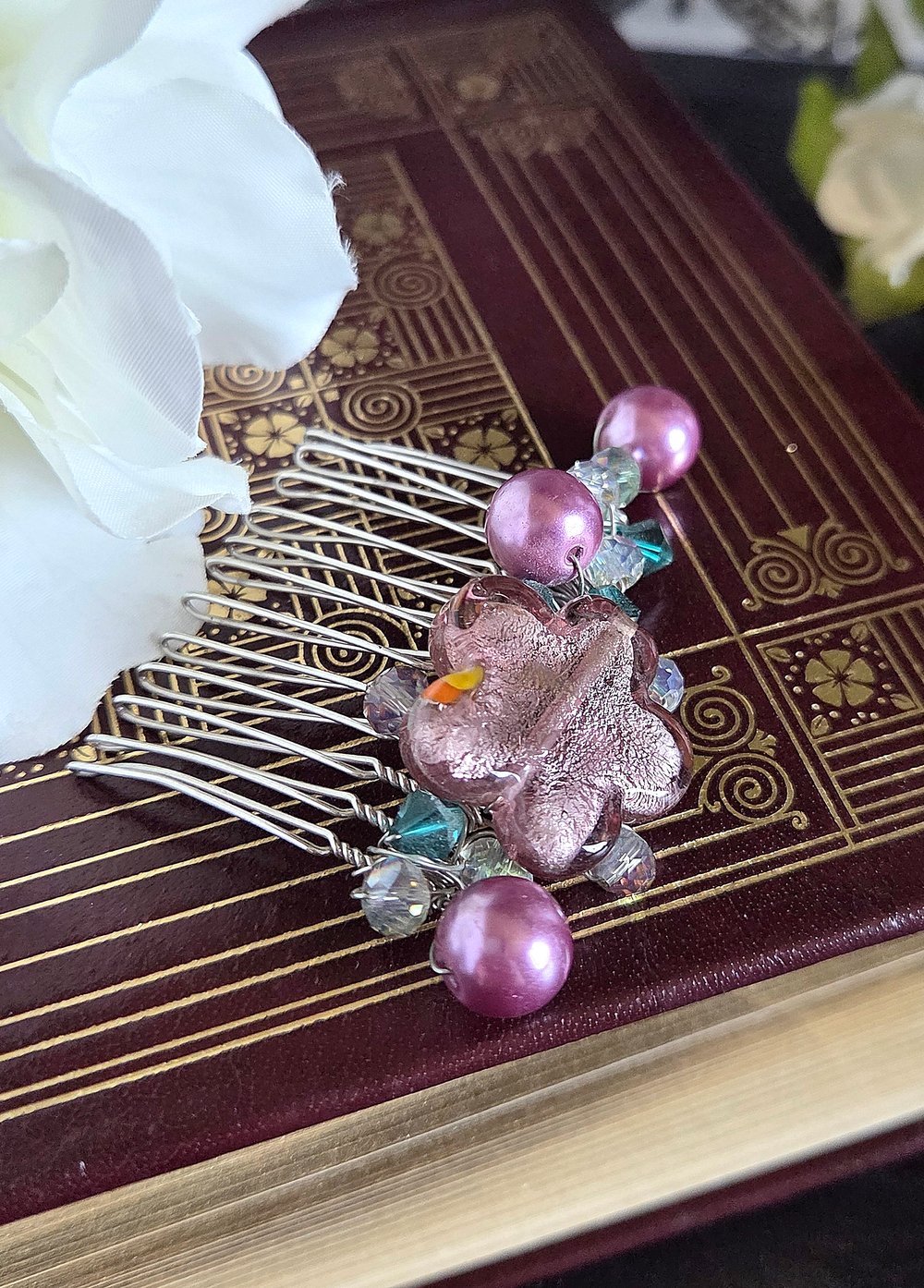 Image of Wire-Wrapped Purple Beaded Hair Comb