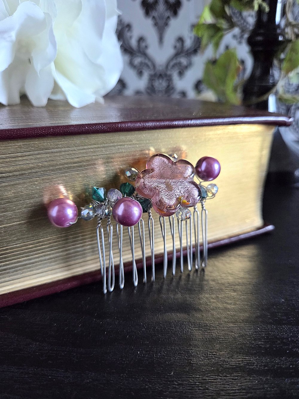 Image of Wire-Wrapped Purple Beaded Hair Comb