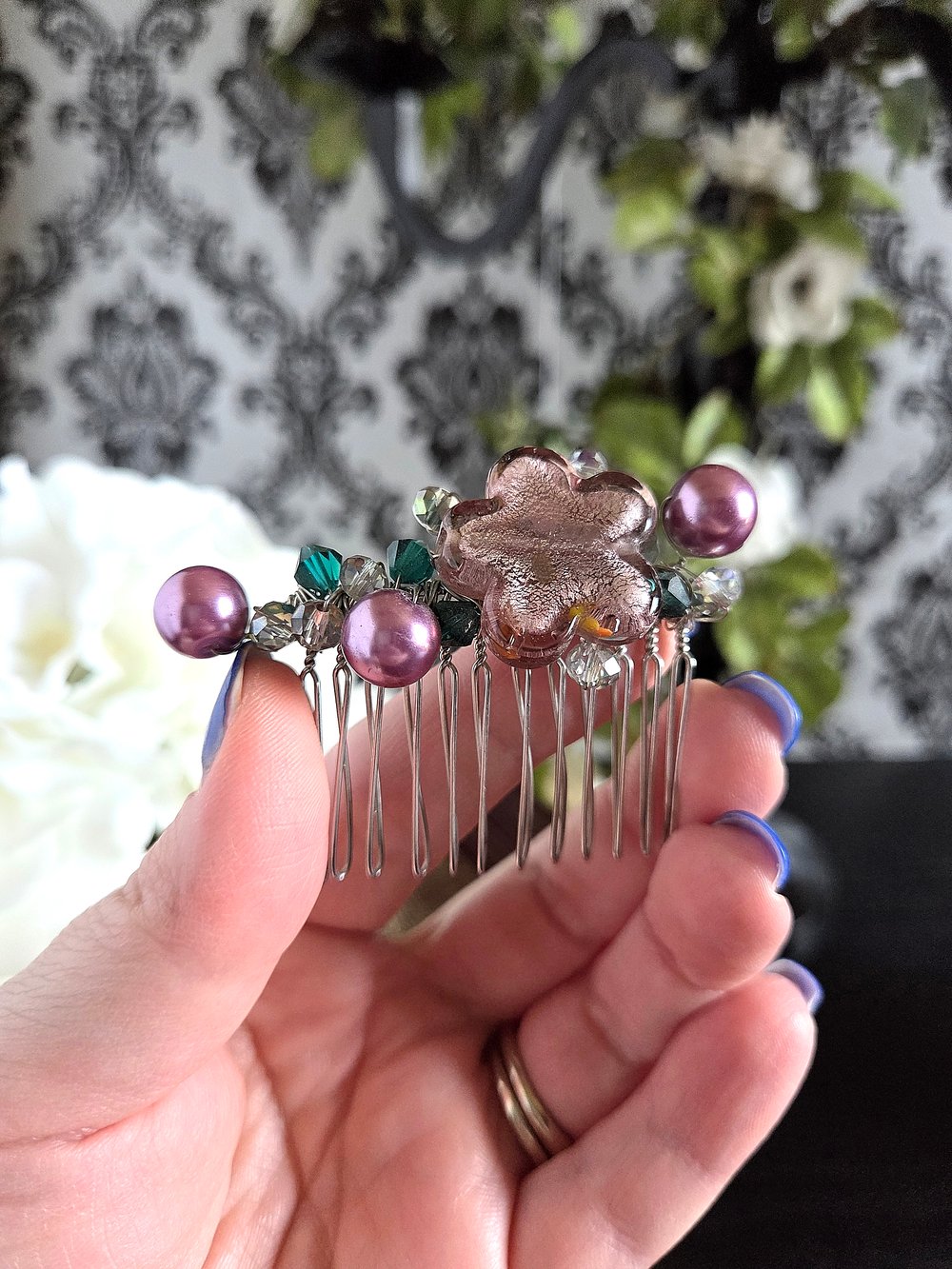 Image of Wire-Wrapped Purple Beaded Hair Comb