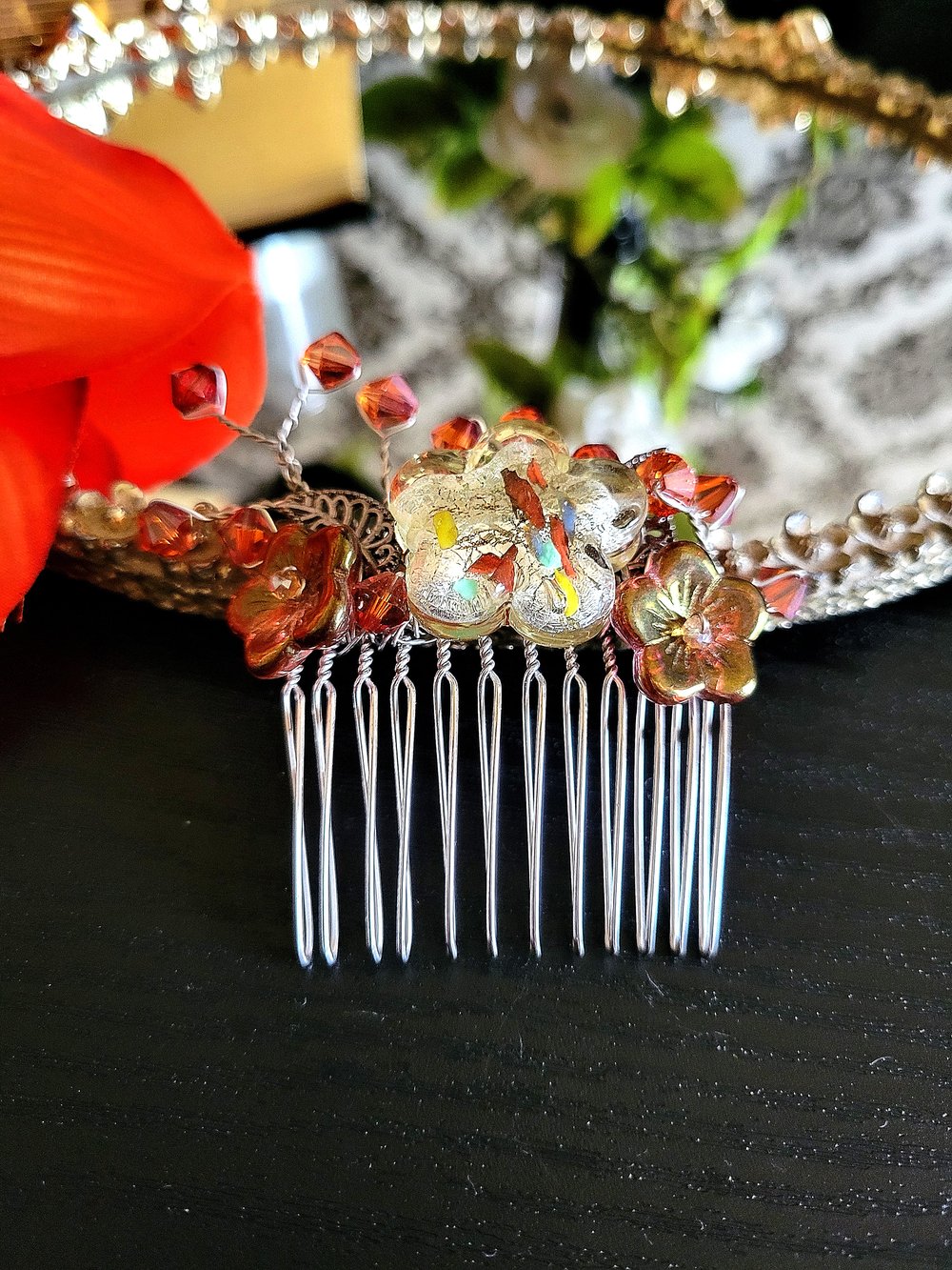 Image of Autumn Flowers Beaded Hair Comb