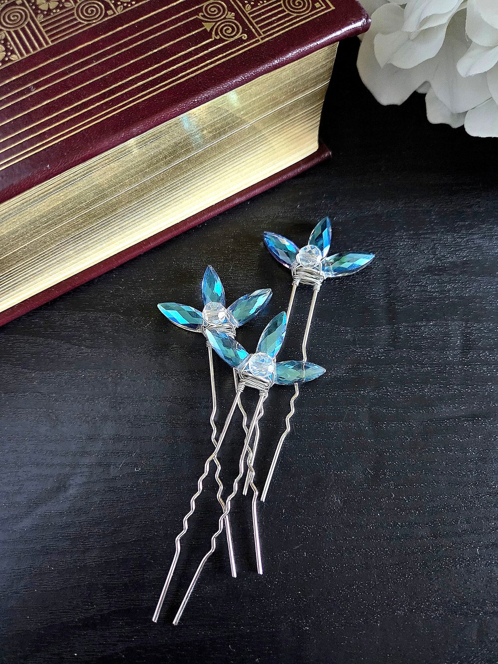 Image of Wire Wrapped Silver Hair Forks with Blue Petal Beads-Set of 3