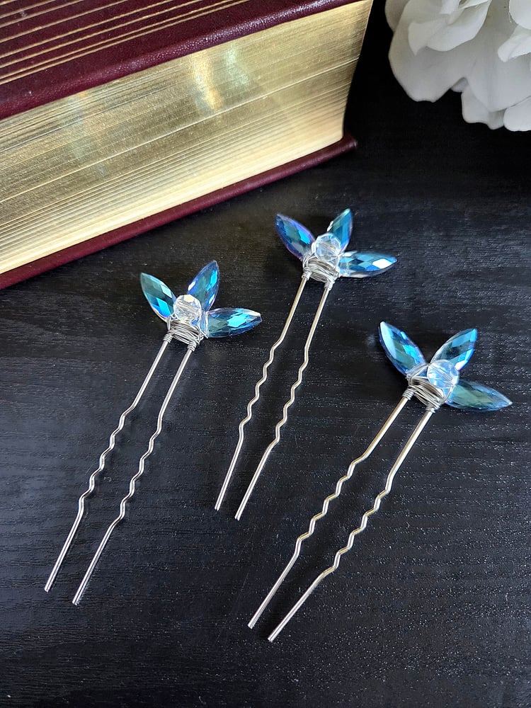Image of Wire Wrapped Silver Hair Forks with Blue Petal Beads-Set of 3
