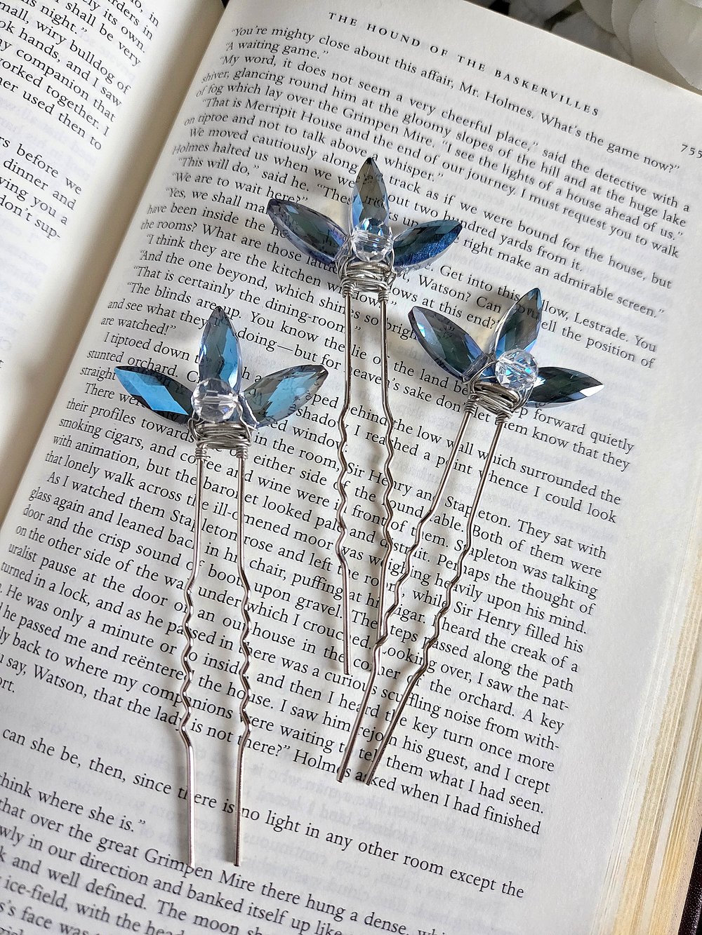 Image of Wire Wrapped Silver Hair Forks with Blue Petal Beads-Set of 3