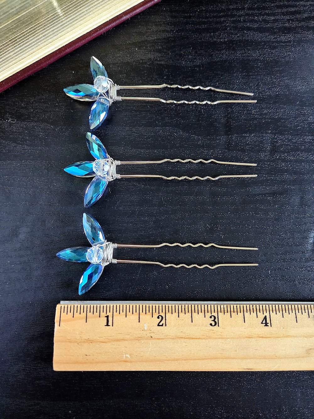 Image of Wire Wrapped Silver Hair Forks with Blue Petal Beads-Set of 3