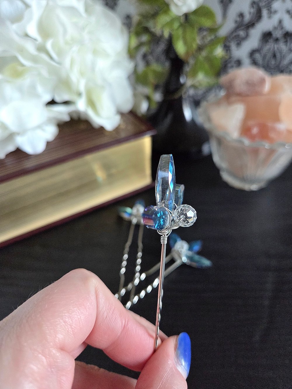 Image of Wire Wrapped Silver Hair Forks with Blue Petal Beads-Set of 3