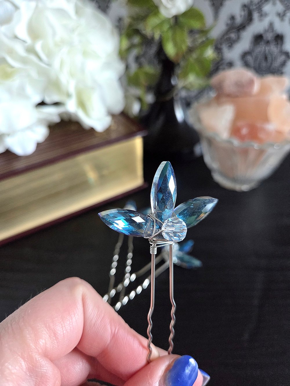 Image of Wire Wrapped Silver Hair Forks with Blue Petal Beads-Set of 3
