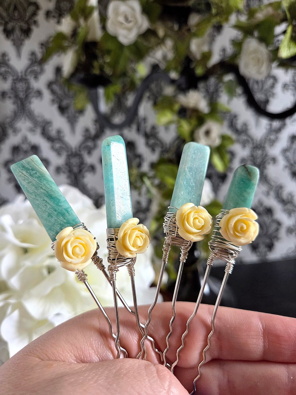 Image of Victorian Amazonite Hair Forks Set of 4