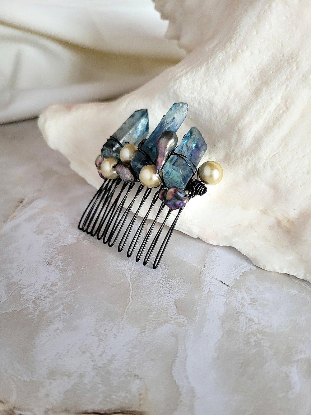 Image of Blue Quartz and Pearls Decorative Hair Comb