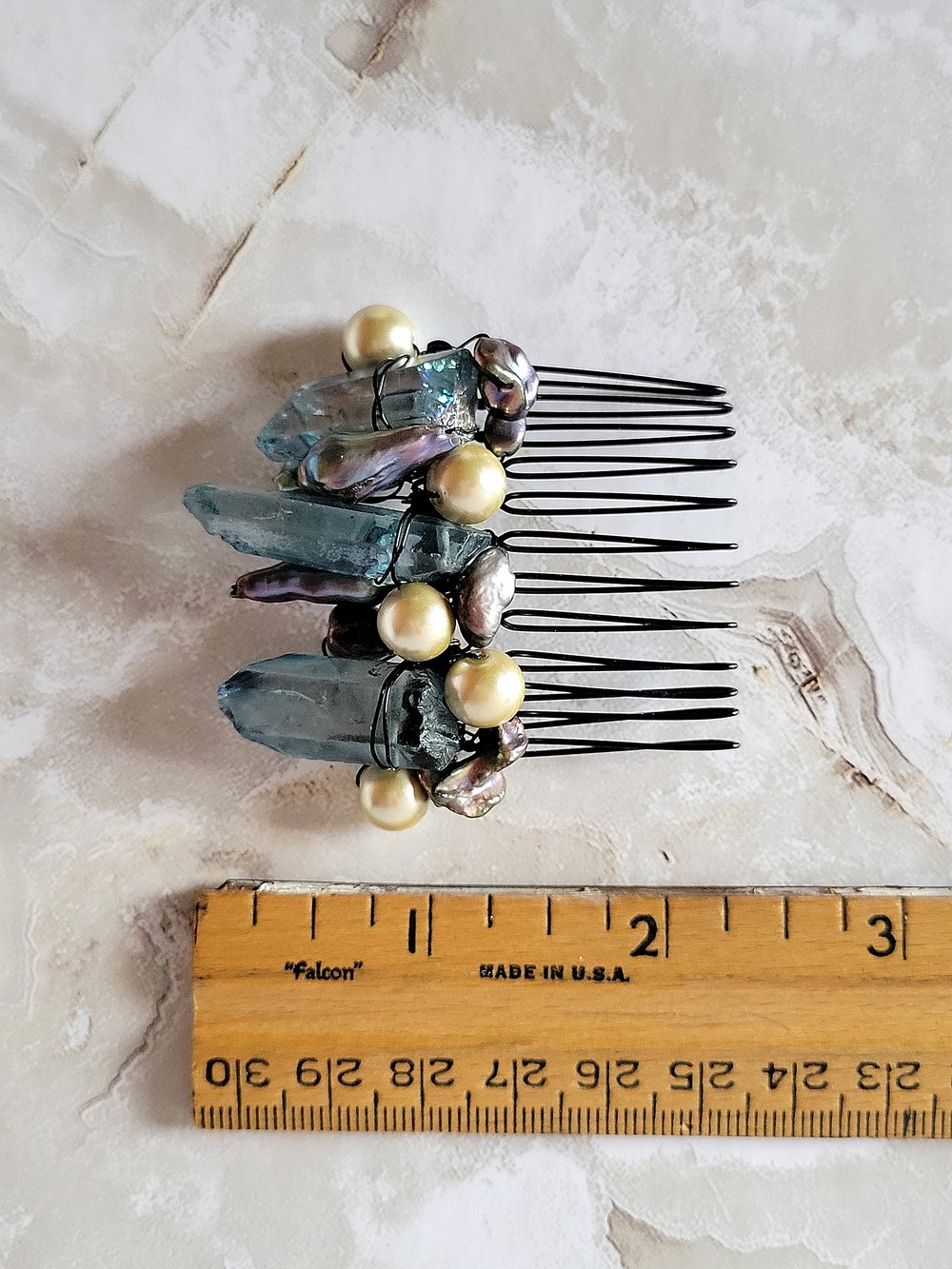 Image of Blue Quartz and Pearls Decorative Hair Comb
