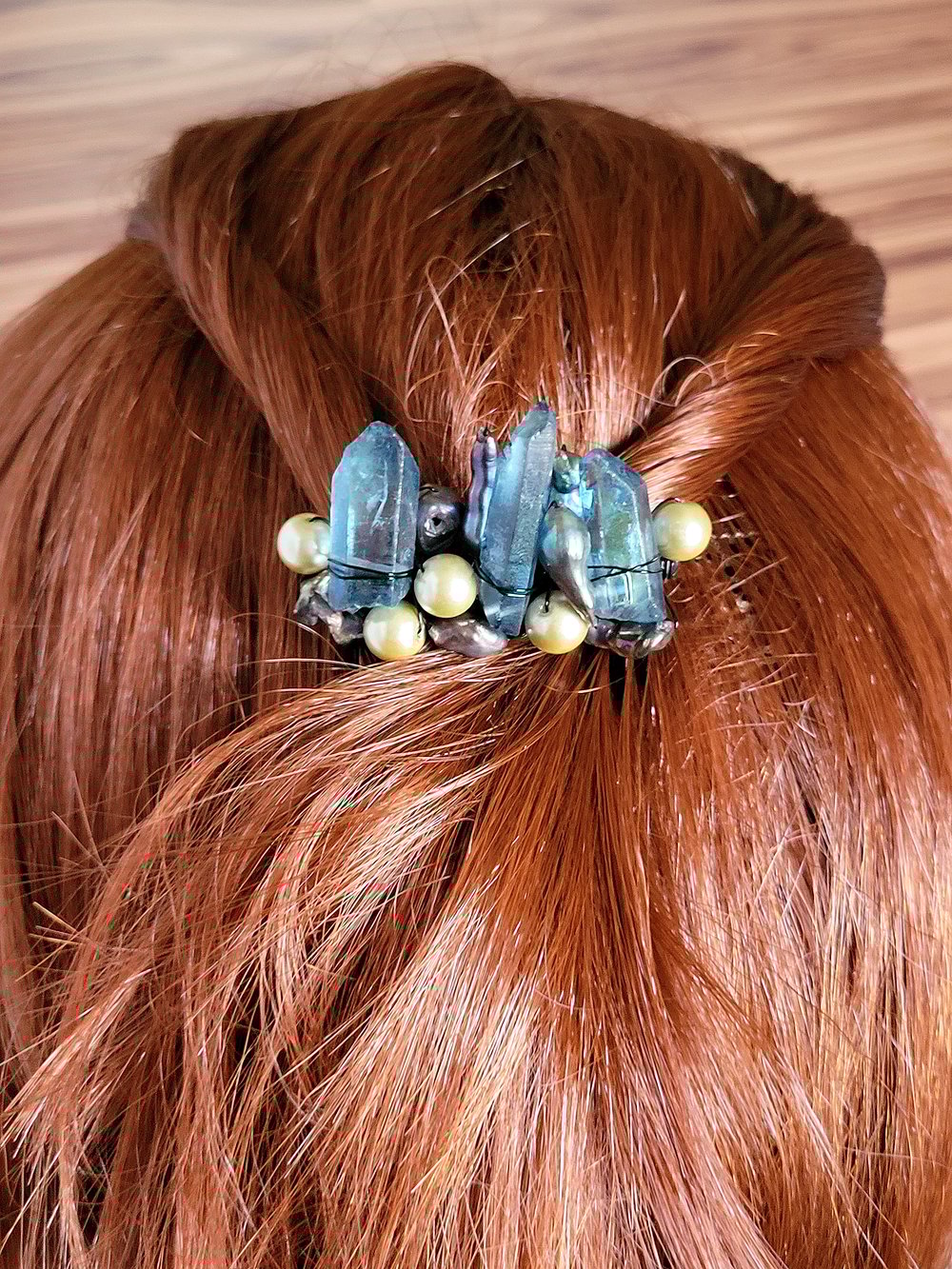 Image of Blue Quartz and Pearls Decorative Hair Comb