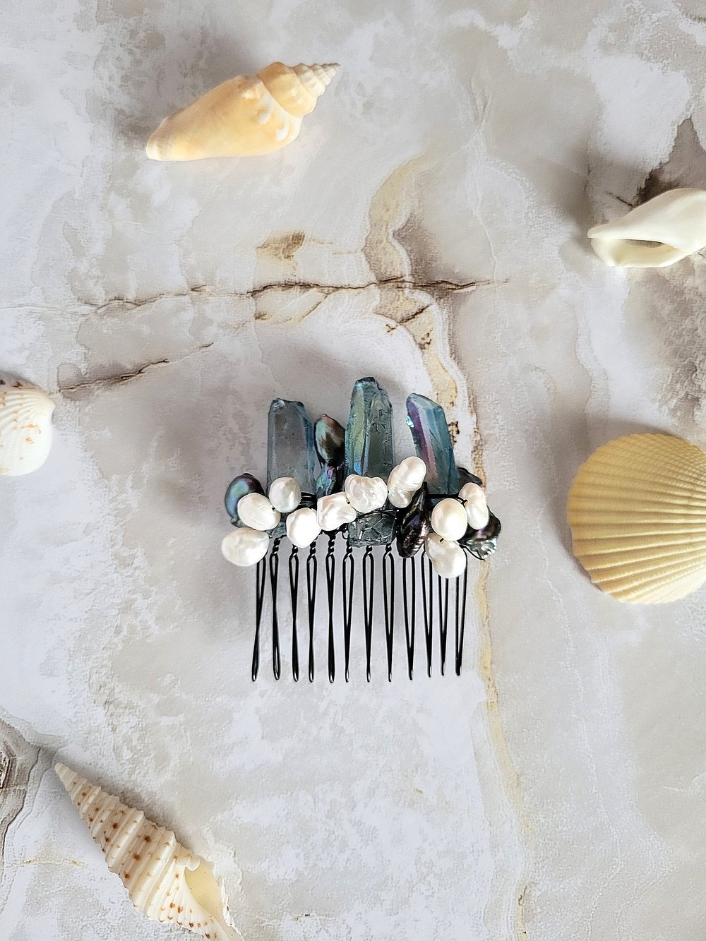 Image of Wire Wrapped Quartz Points and Pearls Decorative Hair Comb