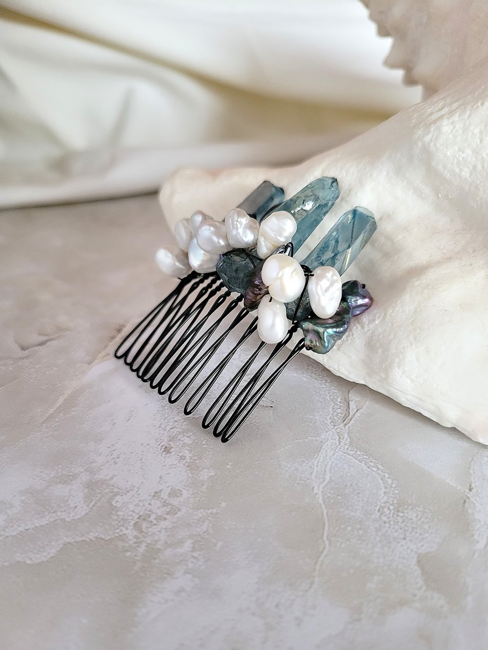 Image of Wire Wrapped Quartz Points and Pearls Decorative Hair Comb