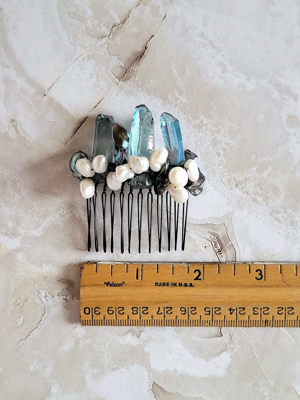 Image of Wire Wrapped Quartz Points and Pearls Decorative Hair Comb