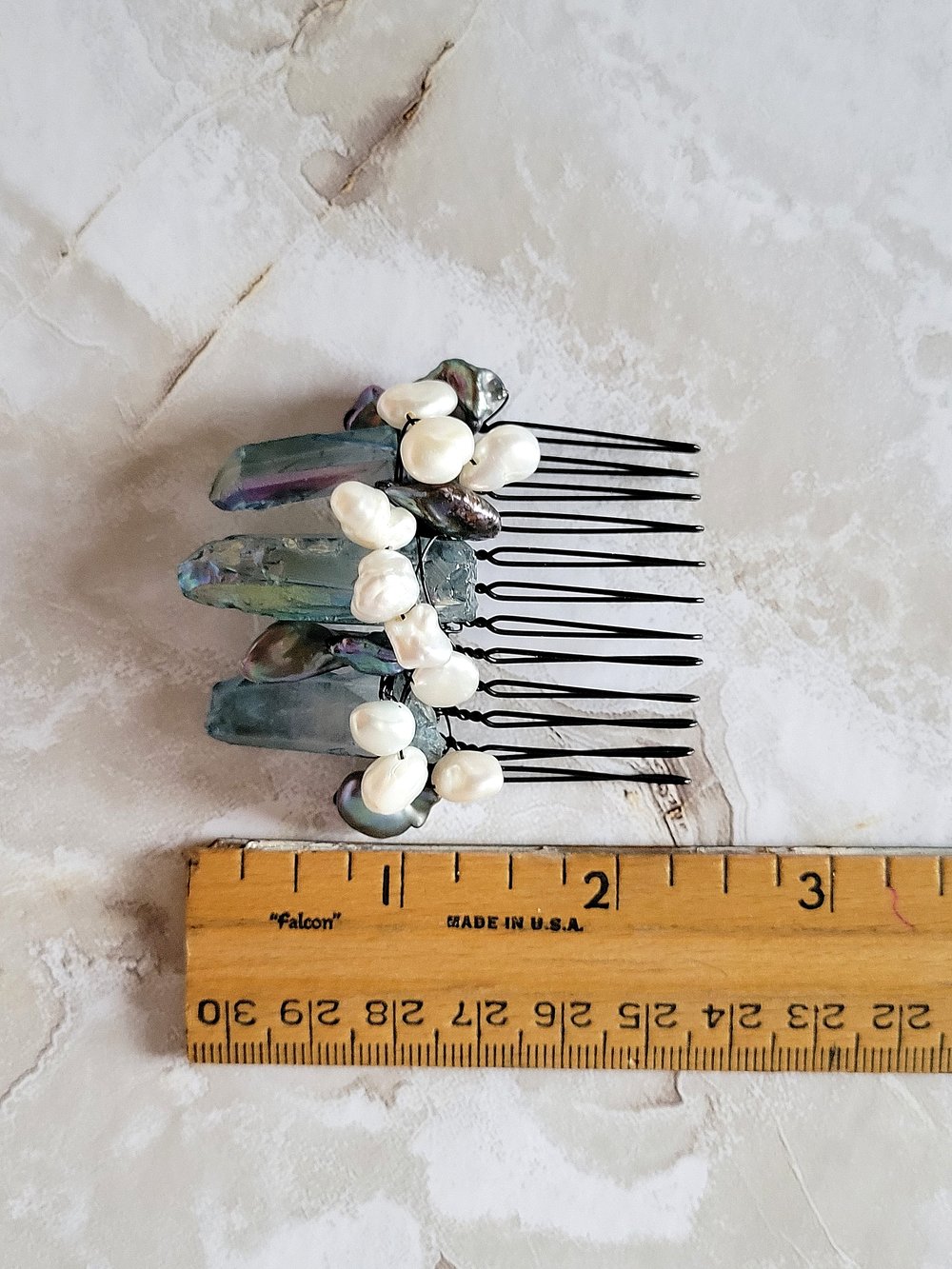 Image of Wire Wrapped Quartz Points and Pearls Decorative Hair Comb