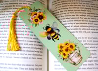 Image 1 of Handmade Bumblebee and Sunflowers Metal Bookmark with Tassel, Book, reading