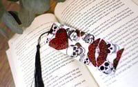 Image 2 of Handmade Skulls with Red Hearts and Red Lips Metal Bookmark with black tassel, page, reading, book
