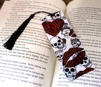 Image 1 of Handmade Skulls with Red Hearts and Red Lips Metal Bookmark with black tassel, page, reading, book
